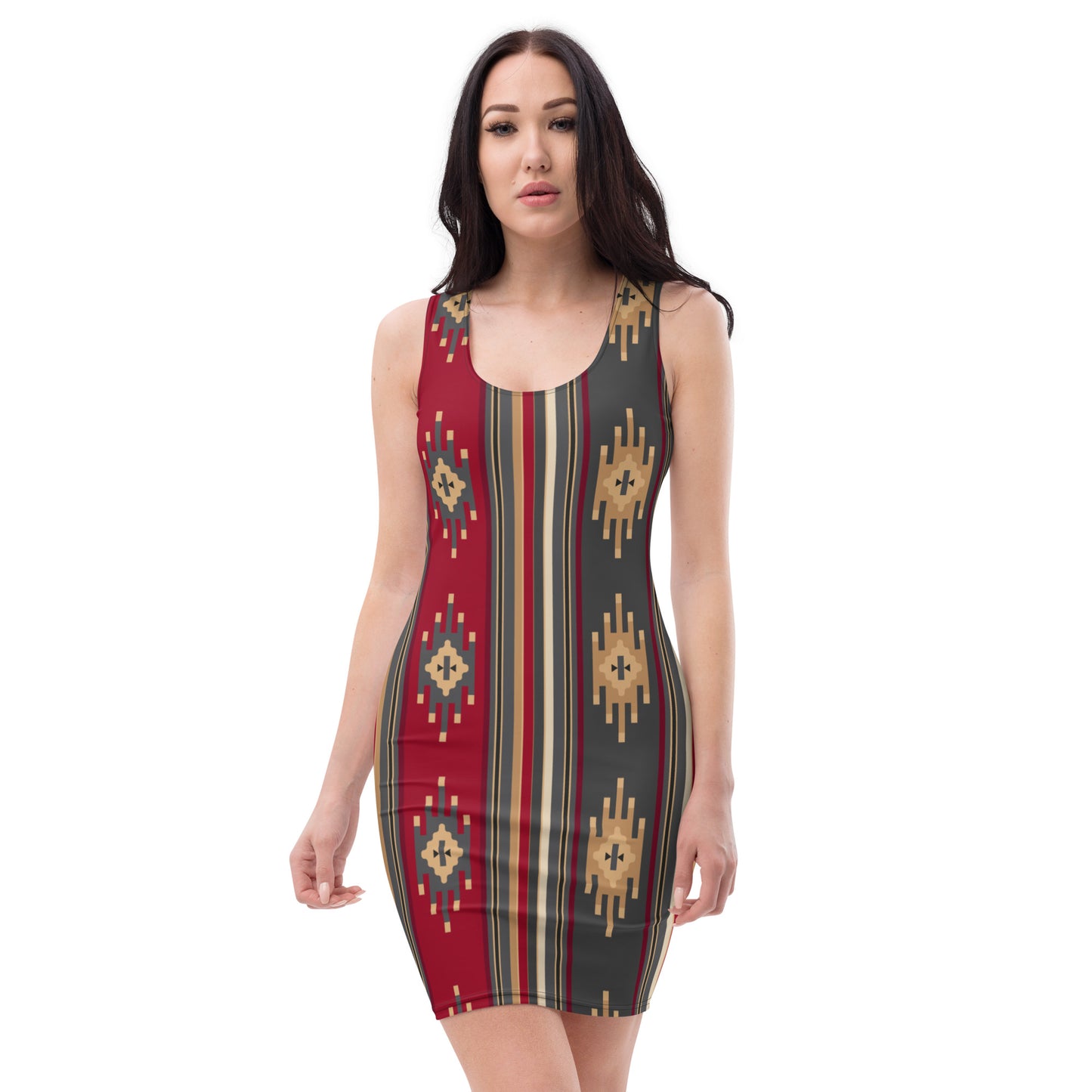 Red And Gold Traditional Retro Sadu Weaving Patterns - Bodycon Dress by Craitza©