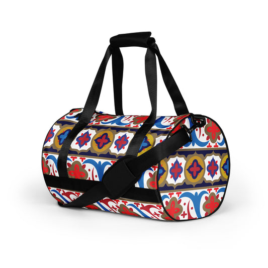 Vintage Calligraphy Style Decorative Pattern In Gold Ochre Ruby Red And Azure - All-over print gym bag By Craitza©